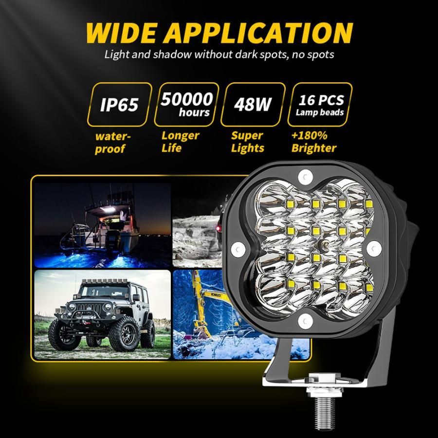 新発売!! 3インチ 48W 作業灯 LED ワークライト 6500K ホワイト 4800LM 12V/24V ジープ SUV トラック ボート 建設機械 工事現場 2個