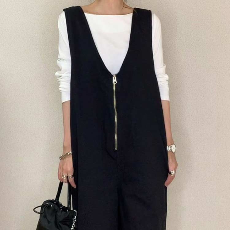 全4色 サロペットパンツ レディース 深Vネック オールインワン