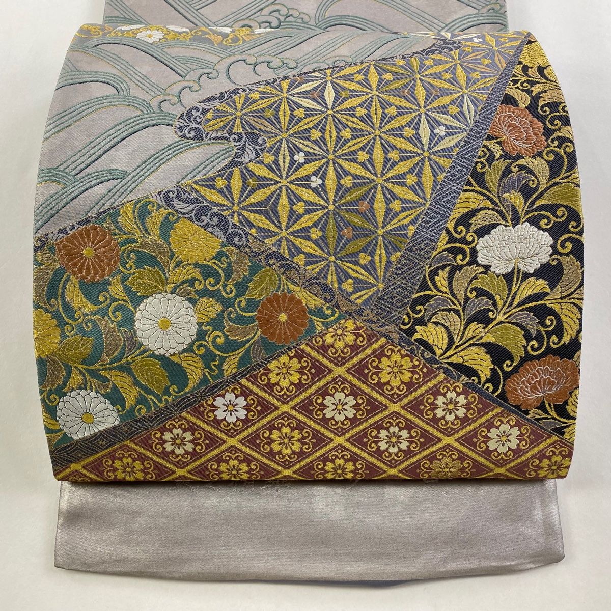 袋帯 秀品 証紙 州浜裂取波文 花唐草 波頭 金糸 箔 灰紫 お太鼓柄 正絹