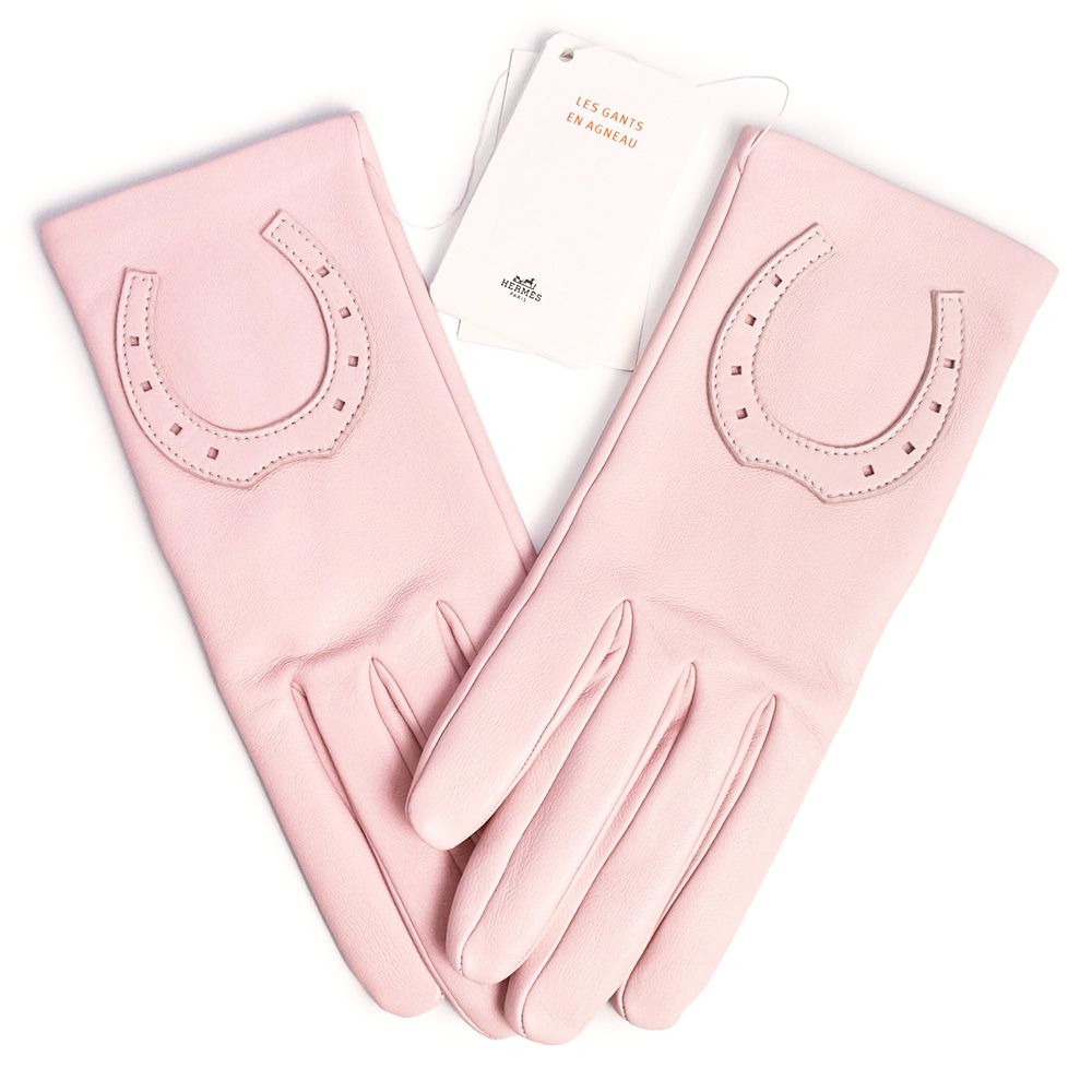 エルメス ホースシュー 馬蹄 蹄鉄 手袋 グローブ ＃7 ラムスキン レザー ピンク イニシャル入り HERMES ♥保管品