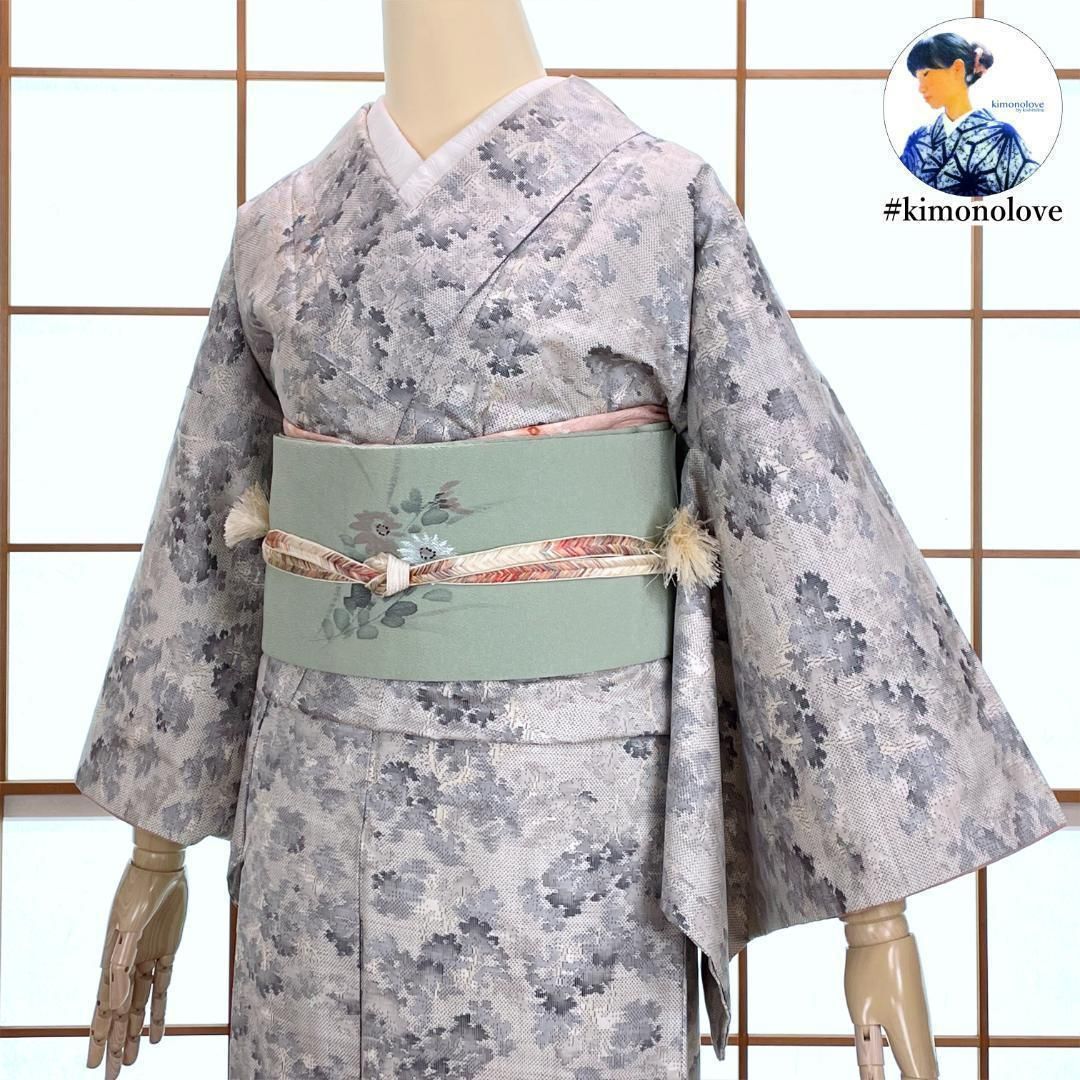 紬着物 袷 正絹 森林柄 グレー 着物 kimonolove【リユース品 一点物