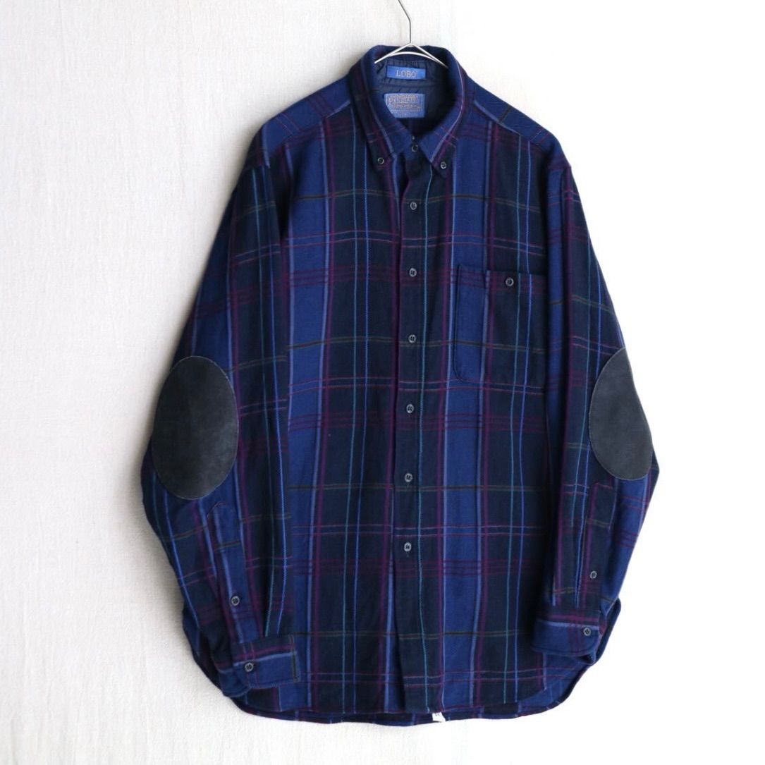 70s PENDLETON ウール ボタンダウン シャツ | L ネイビー パープル チェック エルボーパッチ ビンテージ T5-10032-1528