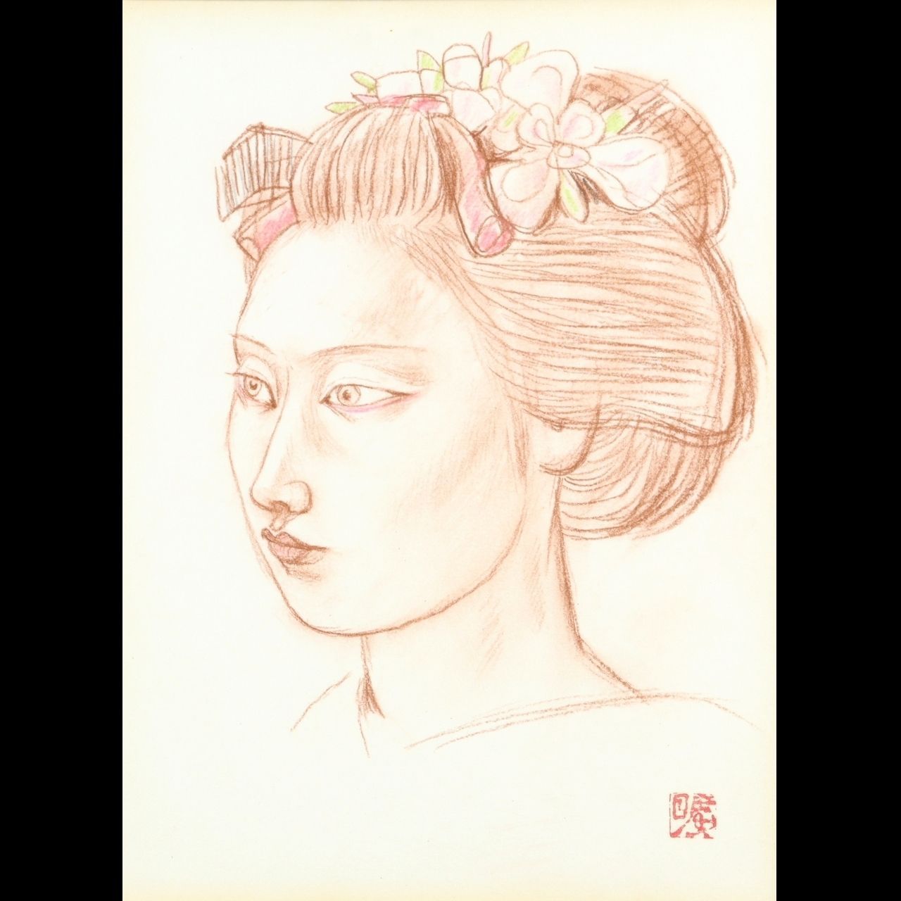 森田曠平 「舞妓」 肉筆パステル画 色紙 スタンプサイン 額装 美人画 唐物 骨董 古美術 楾 G247-Q