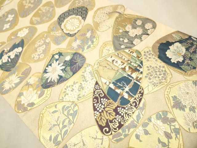 平和屋着物○六通柄袋帯 唐織 三十六花選貝合せ 金糸