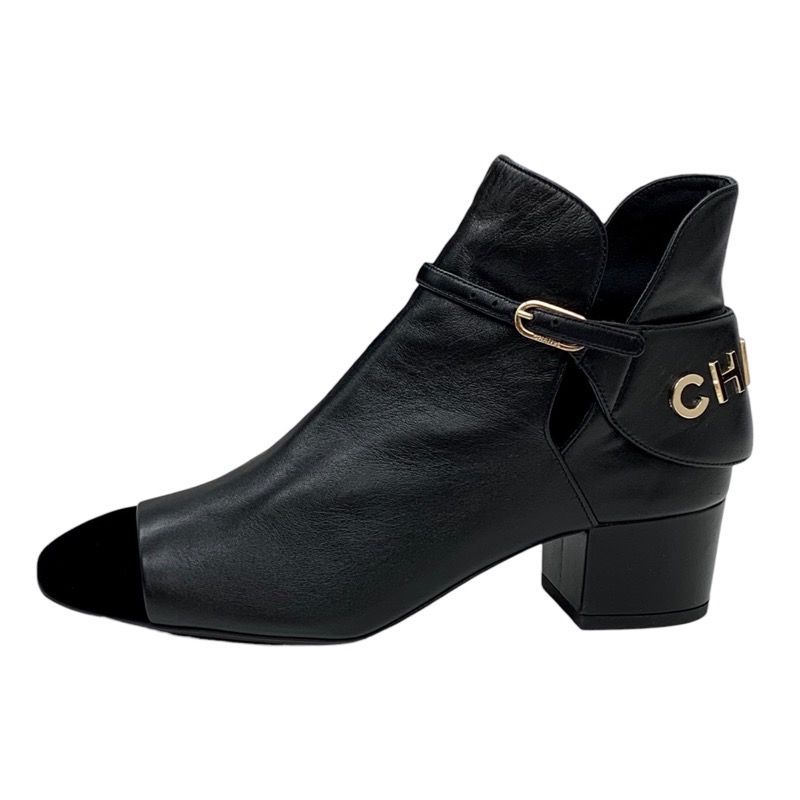 未使用 シャネル CHANEL ブーツ ショートブーツ ロゴ レザー ベロア  