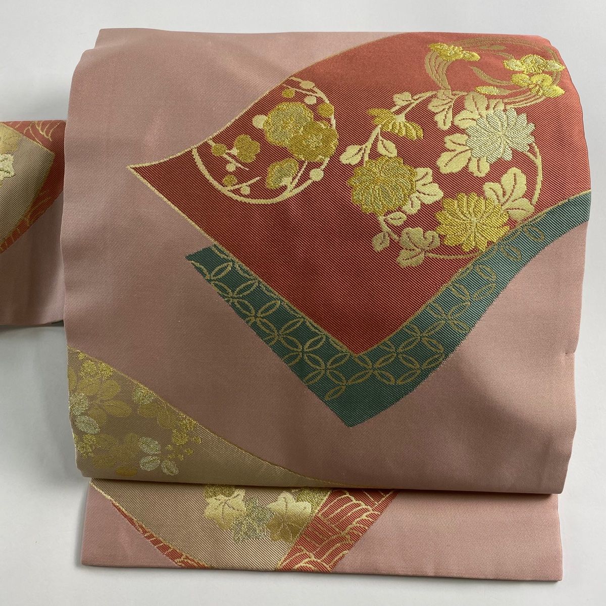 名古屋帯 美品 優品 花丸文 七宝 金糸 箔 ピンク 正絹 【中古