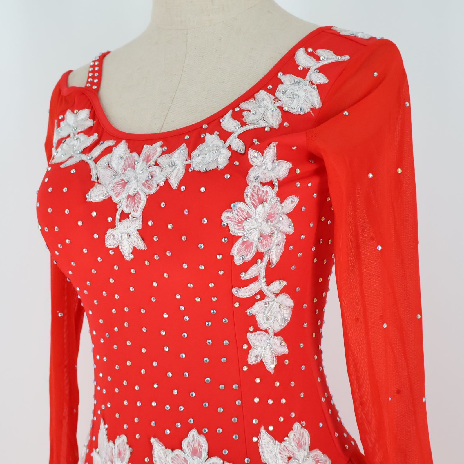 美品 社交ダンス衣装】レッド ワンピース ドレス ラインストーン