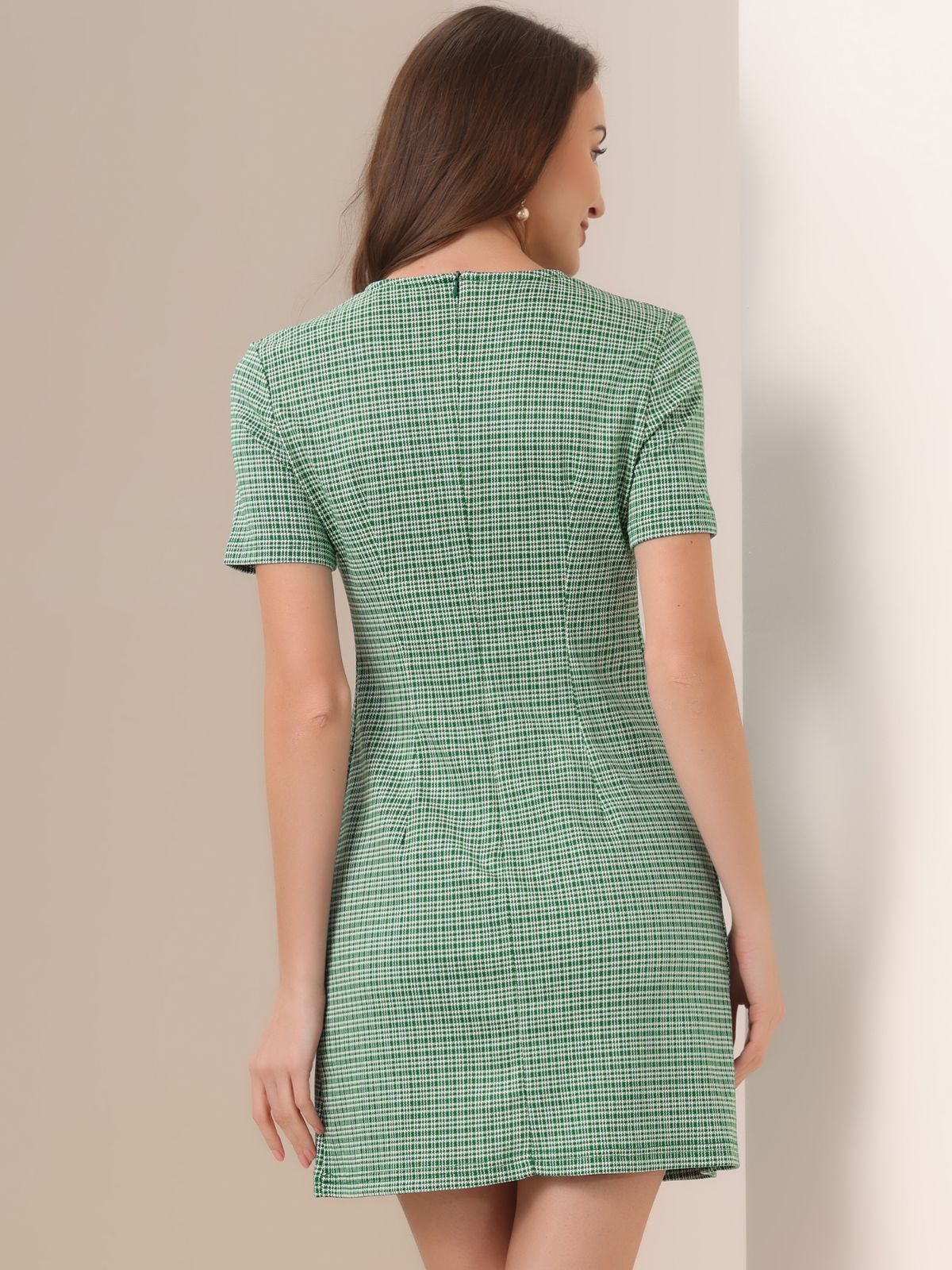 【Allegra-K】千鳥格子 ラウンドネック シース ワンピース Allegra K チェックワンピース 半袖ドレス ビンテージ 千鳥格子