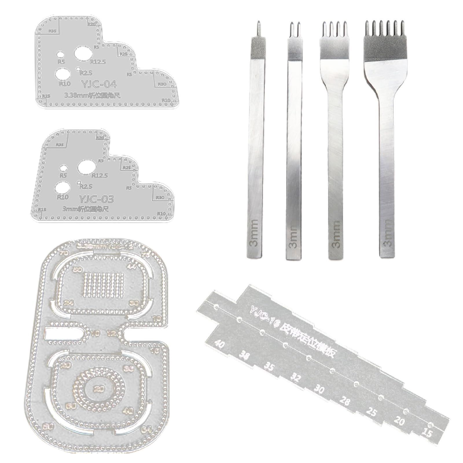 ECO AID レザークラフト 菱目打ち 4本 u0026 r定規 5種セット 3mmピッチ アクリル製 穴開け 工具セット