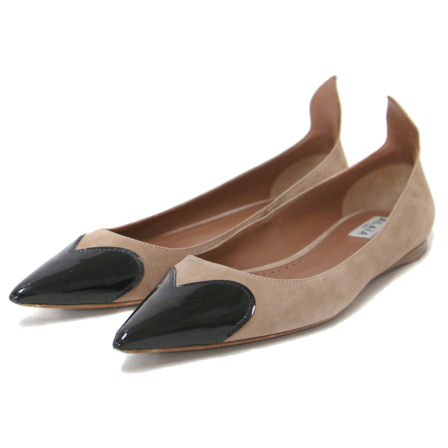 ALAIA アライア パンプス バレエシューズ ベージュ ブラック 黒 36(23.0cm位) フラット ポインテッドトゥ ハート バイカラー スエード エナメル レザー イタリア製 ブランド シューズ 靴【レディース】