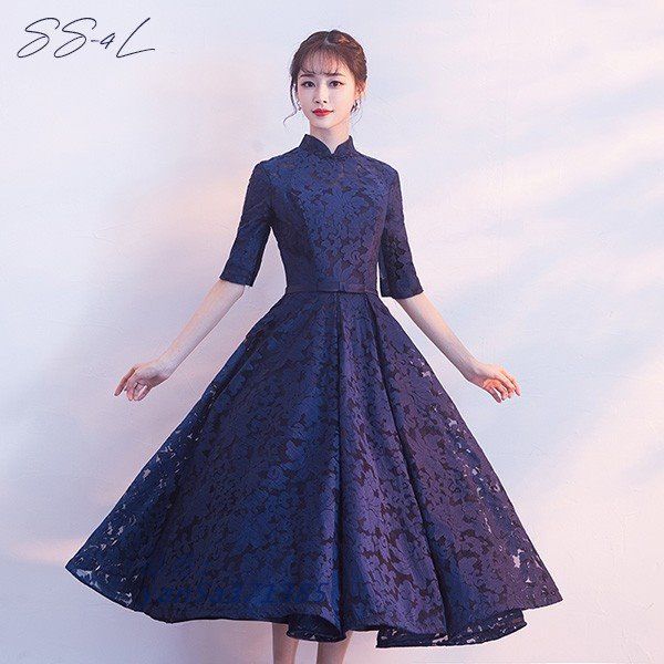 ドレス 大人 ピアノ 発表会 ミモレ丈 ぽっちゃり 大きいサイズ 演奏会 ワンピース ステージドレス 袖付き ピアノ発表会 イブニングドレス Aライン yan5a371385