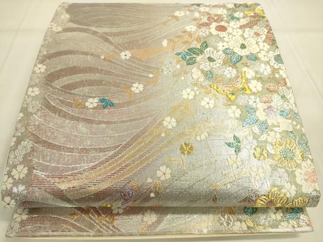 振袖 袋帯 単品「白×生成り色 花菱格子」六通柄 日本製 お仕立て