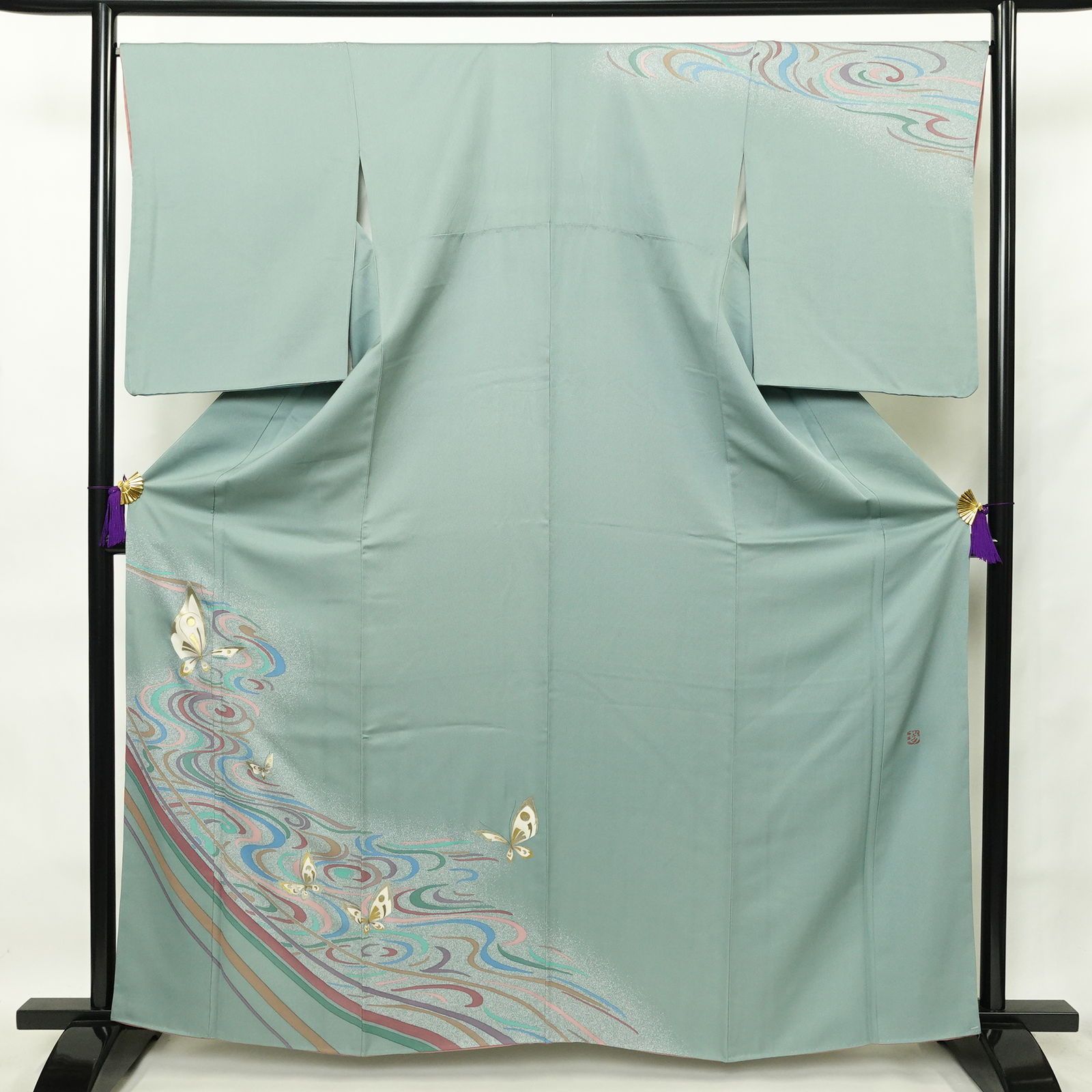 中古 訪問着 落款入り 中島まさひろ 正絹 蝶・昆虫柄 袷仕立て 身丈163cm 裄丈68cm 箔 緑・うぐいす色