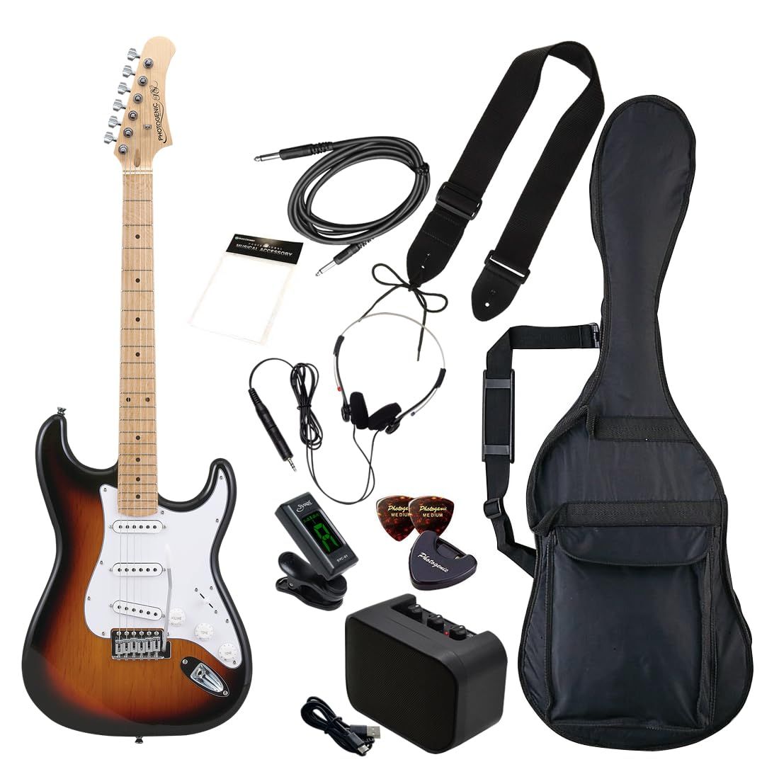 PhotoGenic エレキギター 初心者入門 ビギナーセット STタイプ ST-180M|SB サンバースト メイプル指板 ソフトケース|シールド|ミニアンプ|チューナー|ヘッドフォン|ストラップ|ピック|ピックケース|クロス|調整用レンチ付属