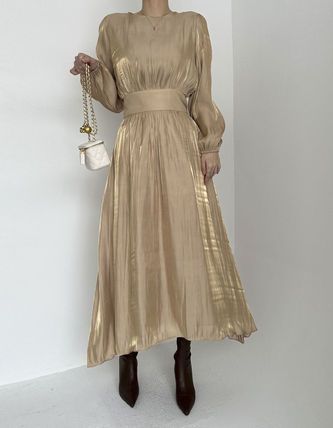 ワンピース サテン プリーツ シック ドレス 2色 長袖 韓国 ワンピース 韓国 サテン プリーツ シック ドレス 2色 長袖【0918】