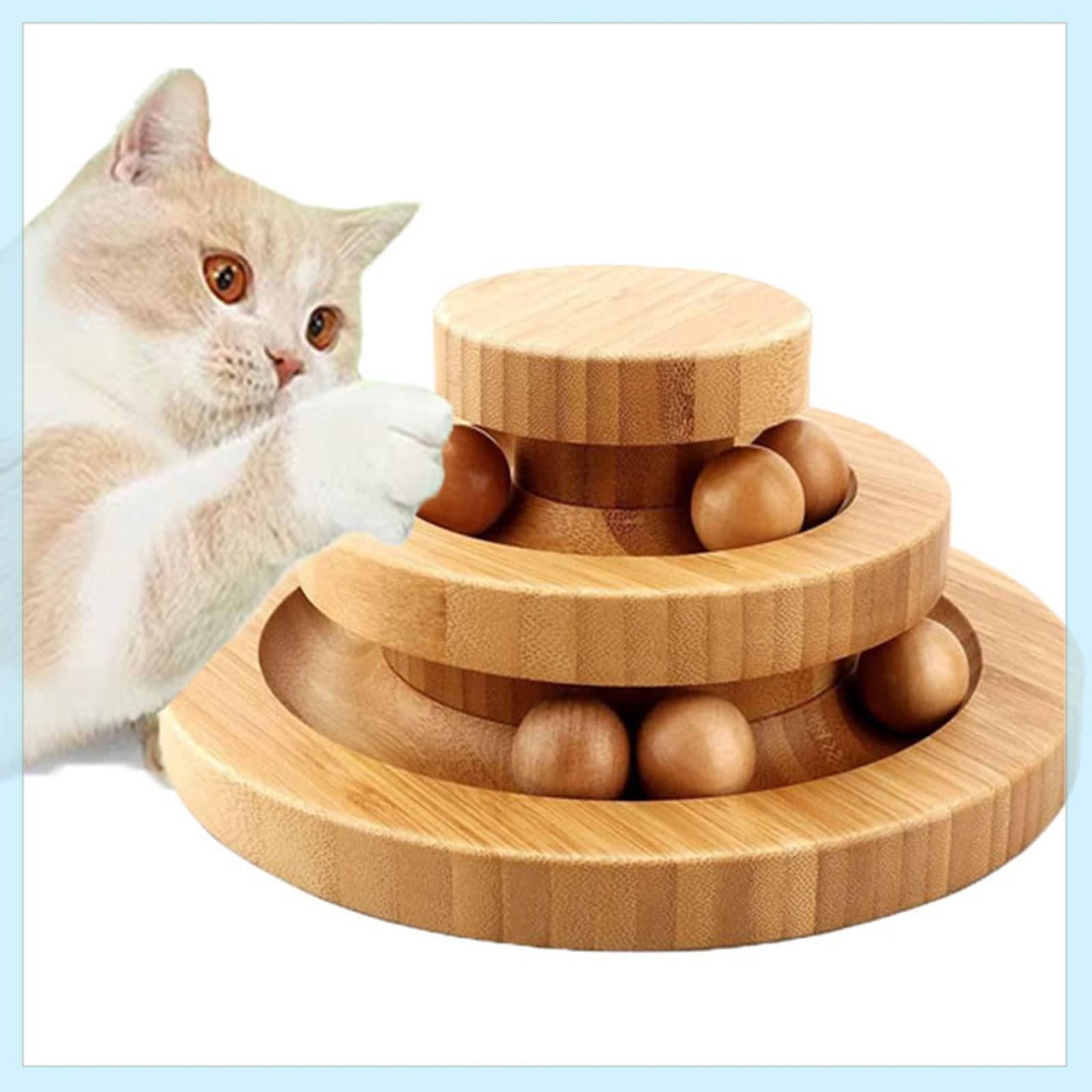 sanyuexiaozai 猫 おもちゃ 猫 ボール ぐるぐるタワー ボール 遊ぶ盤 ペット 回転 ボール 猫じゃらし 運動不足やストレス解消 猫遊び用 二層竹製