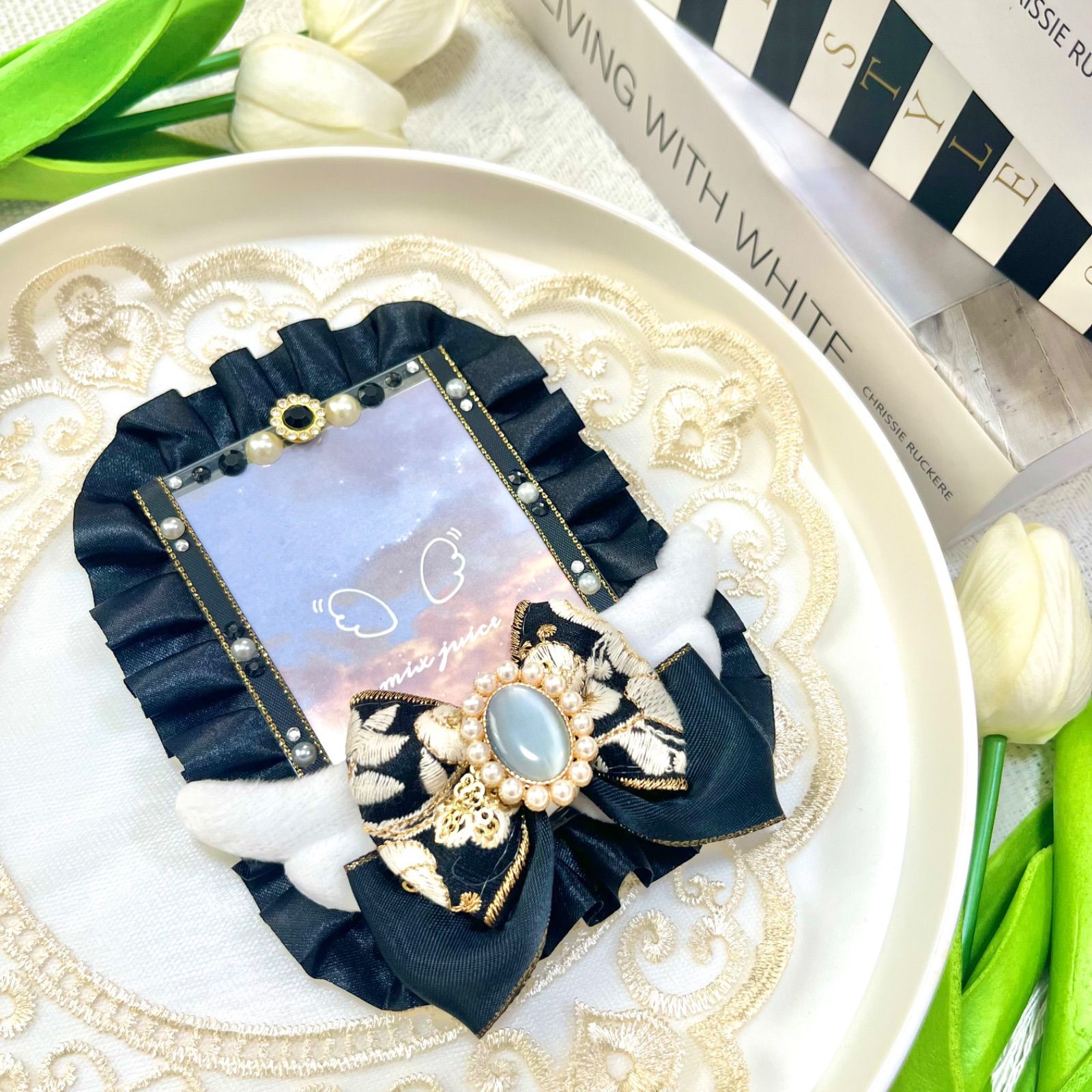 現品販売 デコ硬質ケース アイボリー×黒チェック 天使のはね B7サイズ デコ硬質ケースNo.171 ♡現品販売♡ デコ硬質ケース 水色×チェック メイド