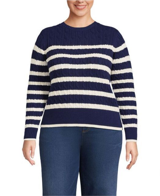 送料無料 ランズエンド レディース ニット セーター アウター Women s Plus Size Drifter Modern Cable Crew Sweater Deep sea navy|ivory stripe