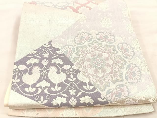 平和屋着物◎六通柄袋帯 唐織 切嵌花鳥文 銀糸 正絹 逸品