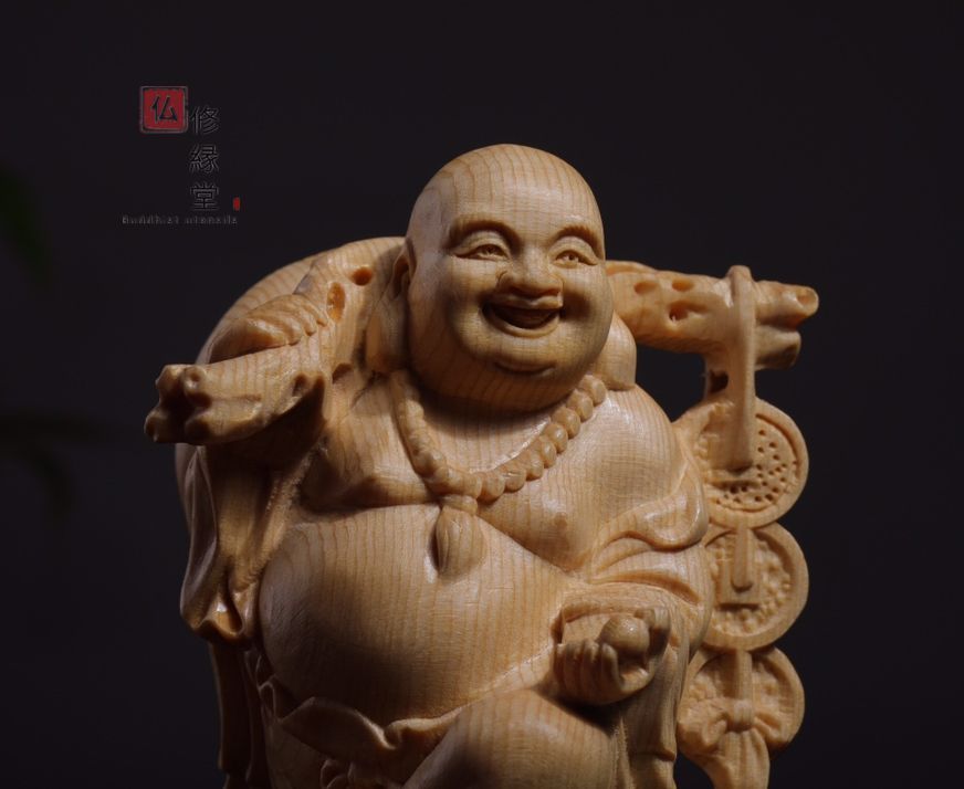 【修縁堂】極上品 木彫仏像 七福神立像 布袋様 弥勒仏 彫刻 一刀彫 天然木檜材 修縁堂】極上品 木彫仏像 七福神 弥勒仏 布袋様 彫刻 本金 切