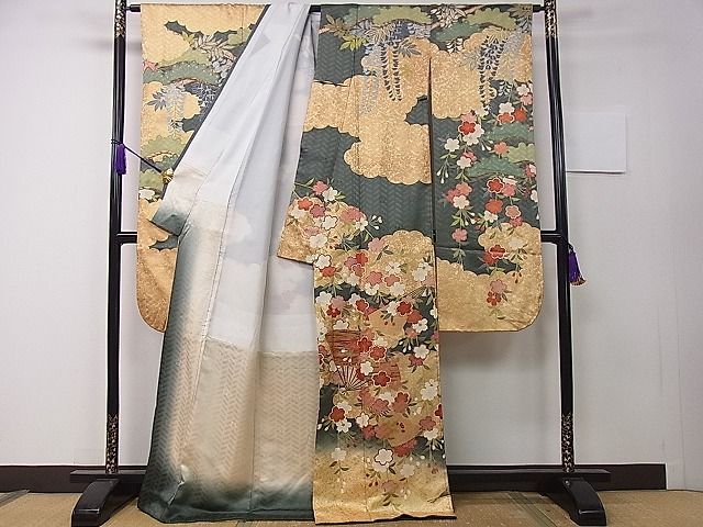 平和屋1□極上 十日町老舗ブランド 吉澤友禅 吾妻徳穂 振袖 駒刺繍 雲