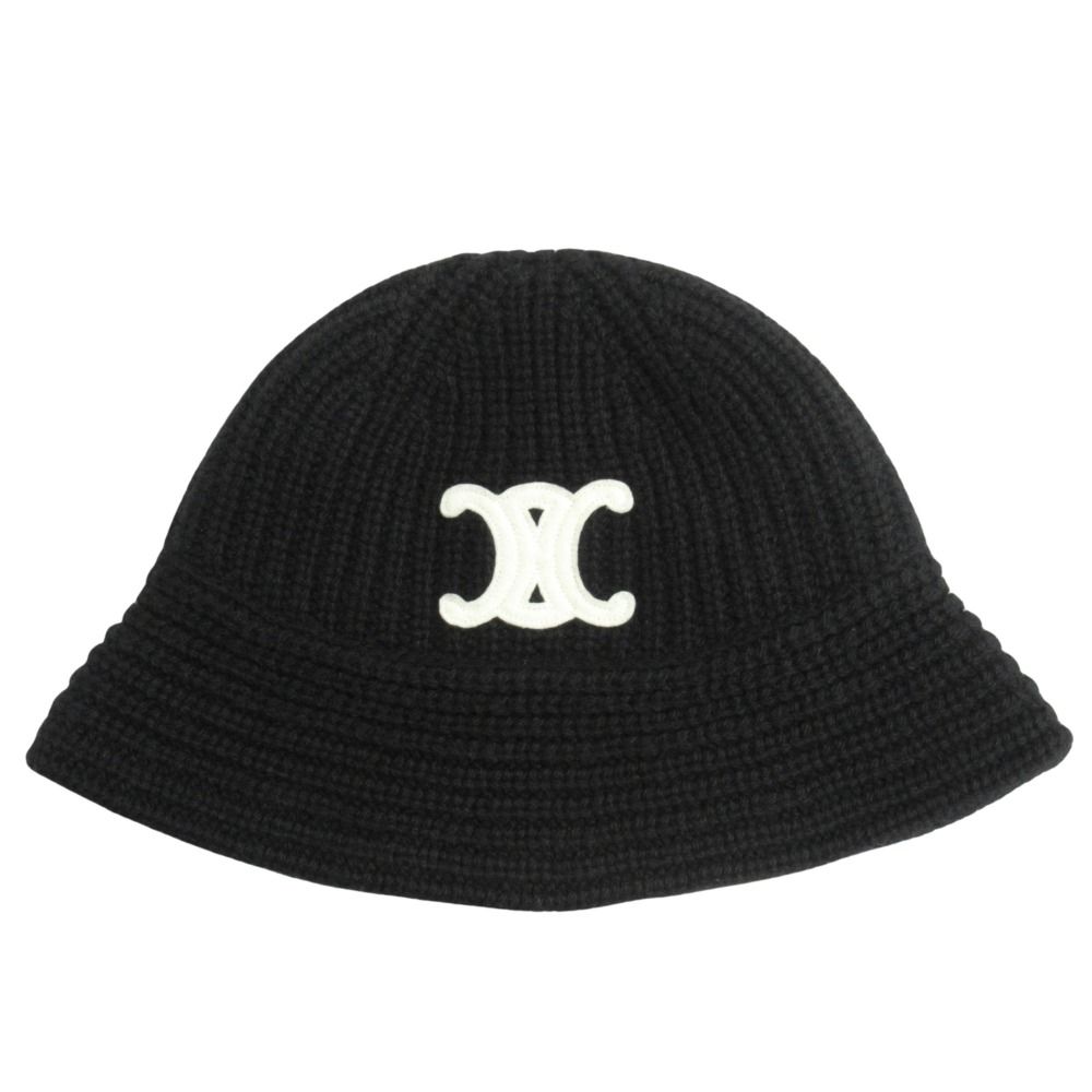 CELINE セリーヌ トリオンフ クロシェ バケット ハット 帽子 カシミヤ100％ ニット サイズTU 黒 ブラック メンズ レディース 古着