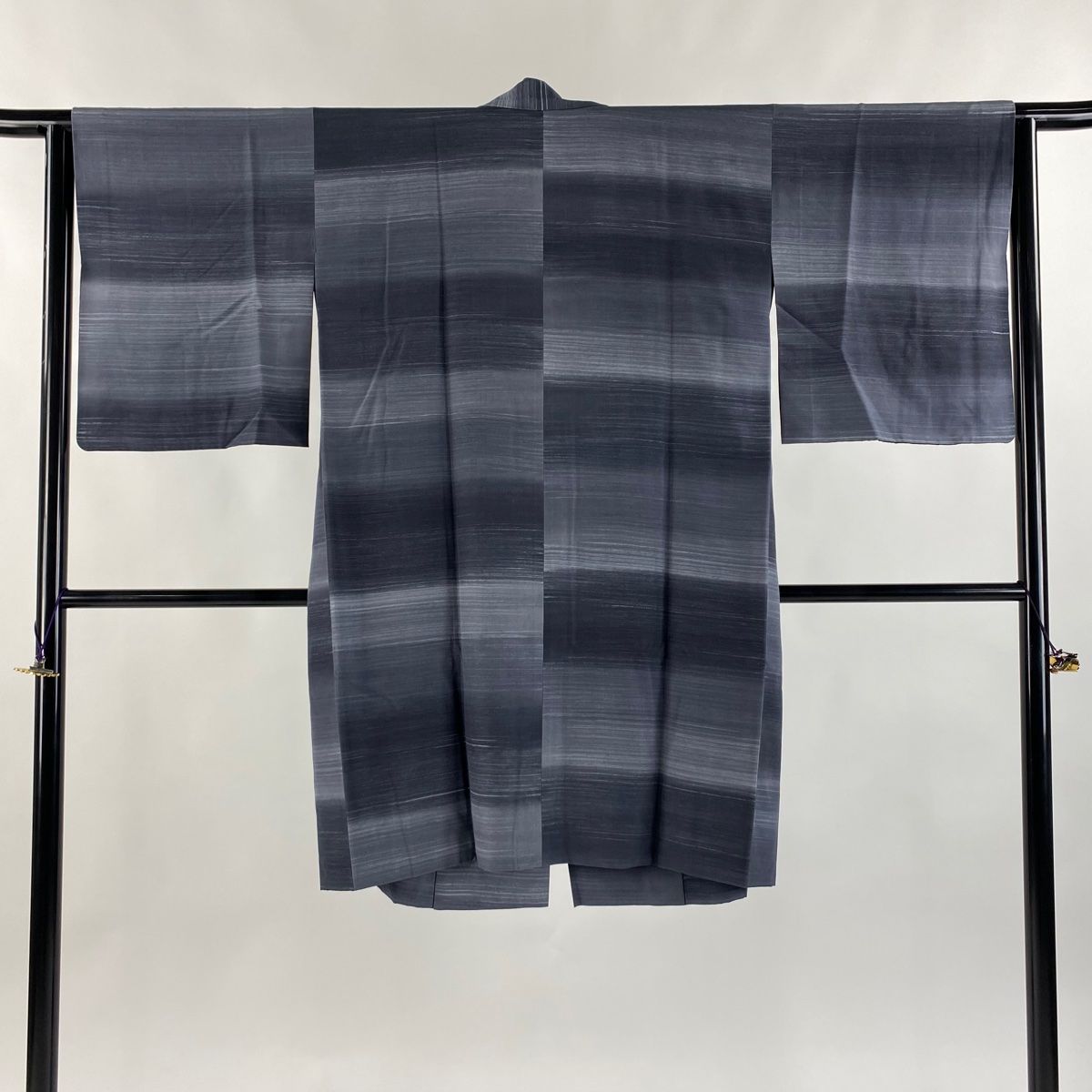 道中着 身丈104cm 裄丈63cm S 紬地 和装コート 落款 縞 青灰色 正絹