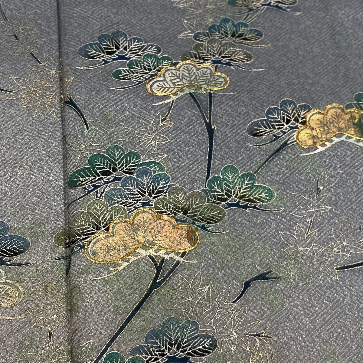 訪問着 身丈162cm 裄丈64cm M 袷 松 シルエット 金糸 金銀彩 青灰色 正絹 秀品 WWW_WOWDIGSITE_COM