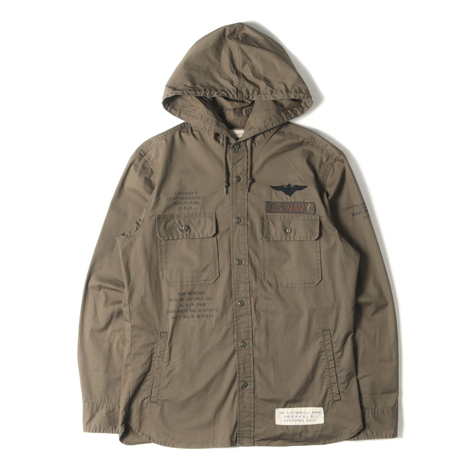 美品 AVIREX アヴィレックス シャツ サイズ:XL フード付き ストレッチ ミリタリーシャツ (COOLMAX STENCIL HOOD KHAKI SHIRT) カーキ トップス カジュアルシャツ 長袖【メンズ】
