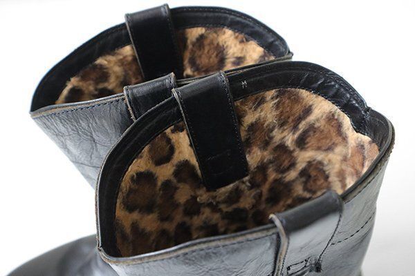 JUNYA WATANABE MAN ◆ レザー ウエスタンブーツ 黒 Mサイズ 中ボア ヒョウ柄 ハーフブーツ ジュンヤワタナベ マン ◆Y093