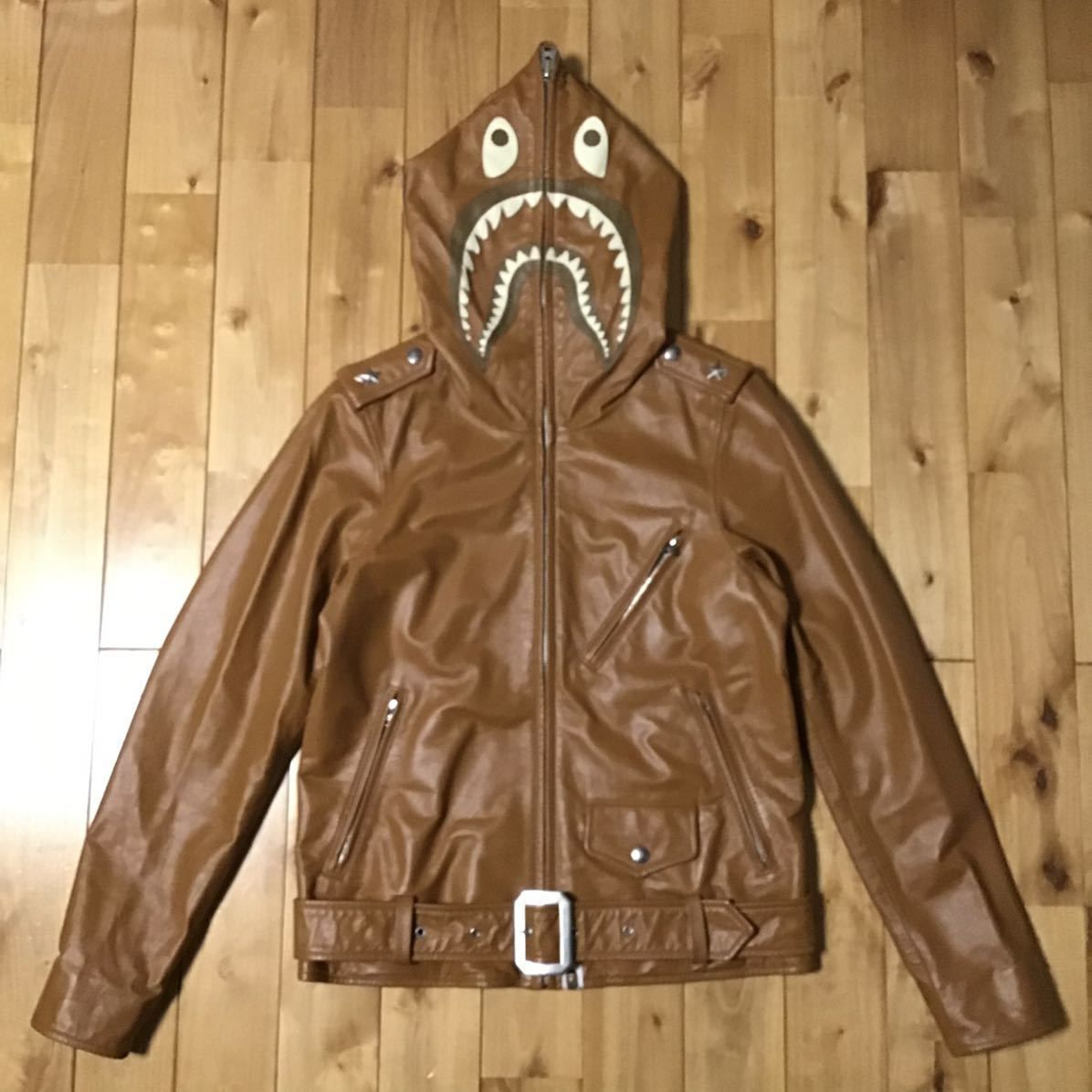 着丈73cmx身幅56cmleather shark varsity jacket hoodie レザー