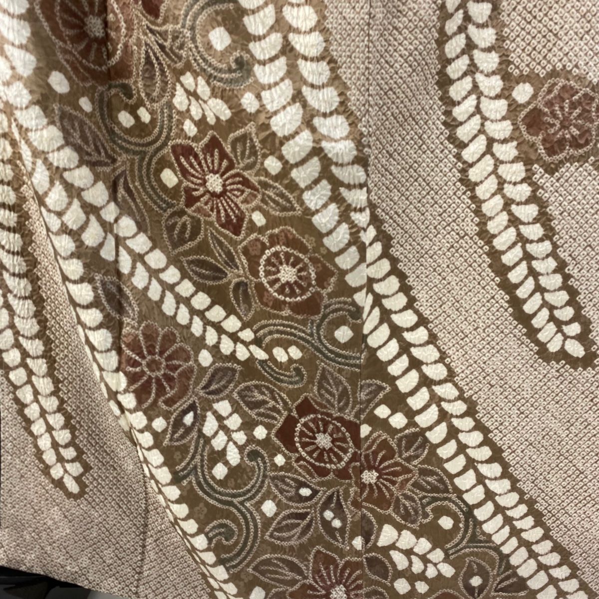 訪問着 身丈165cm 裄丈65.5cm M 袷 袋帯セット 花唐草 葉柄 絞り 薄茶色 正絹 秀品