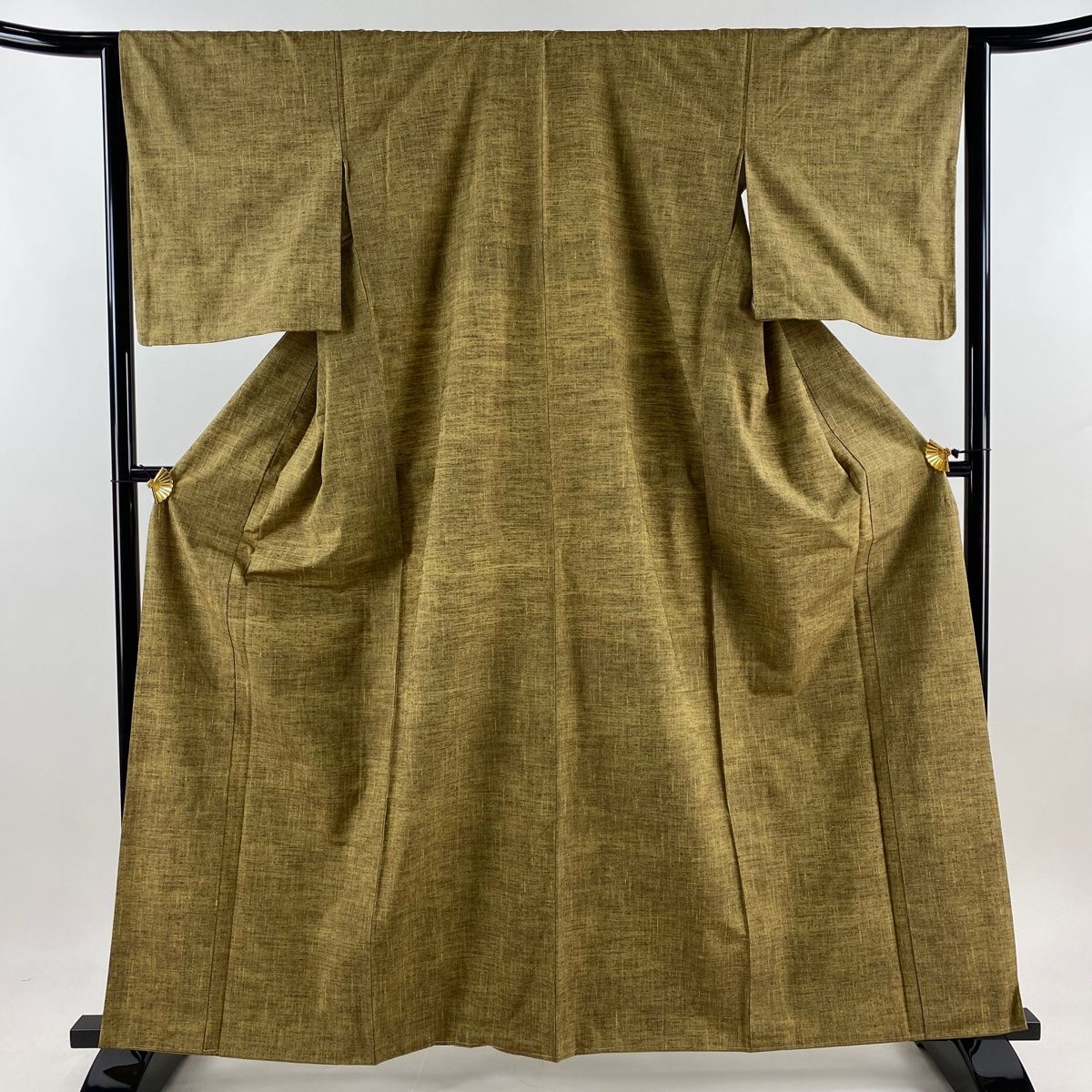 紬 身丈162cm 裄丈64cm M 袷 証紙 茶緑色 正絹 秀品