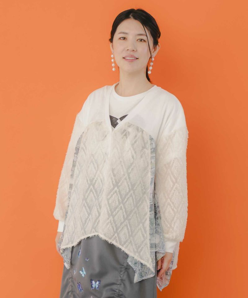 イズス 551232 パッチワーク柄シフォン切替カーディガン