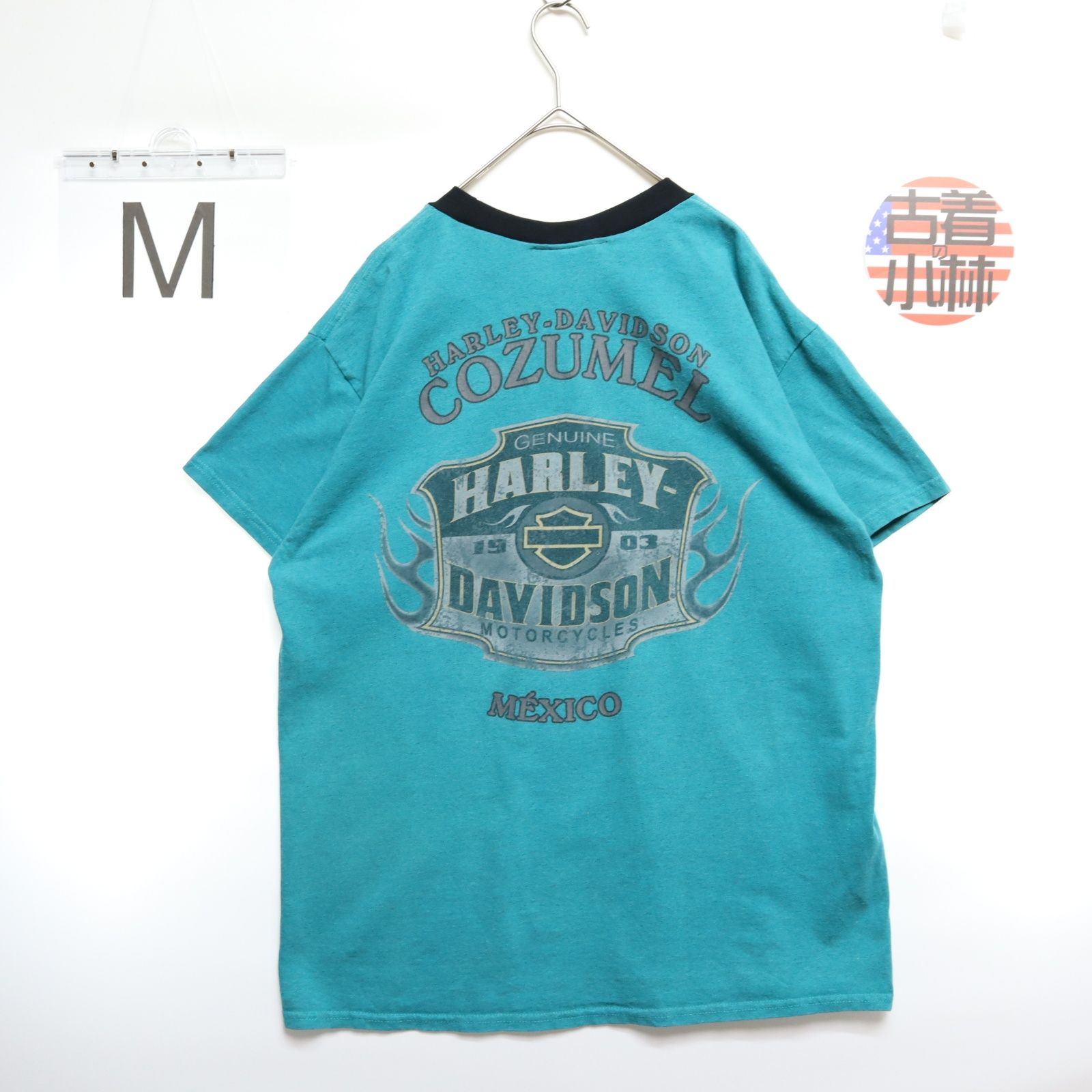 メンズM 【A品】 コピーライト HARLEY DAVIDSON ハーレーダビッドソン  半袖 リンガーTシャツ ビッグロゴ デカロゴ 両面プリント 無地 グリーン 緑 厚手  ヴィンテージ USA古着 K5b620