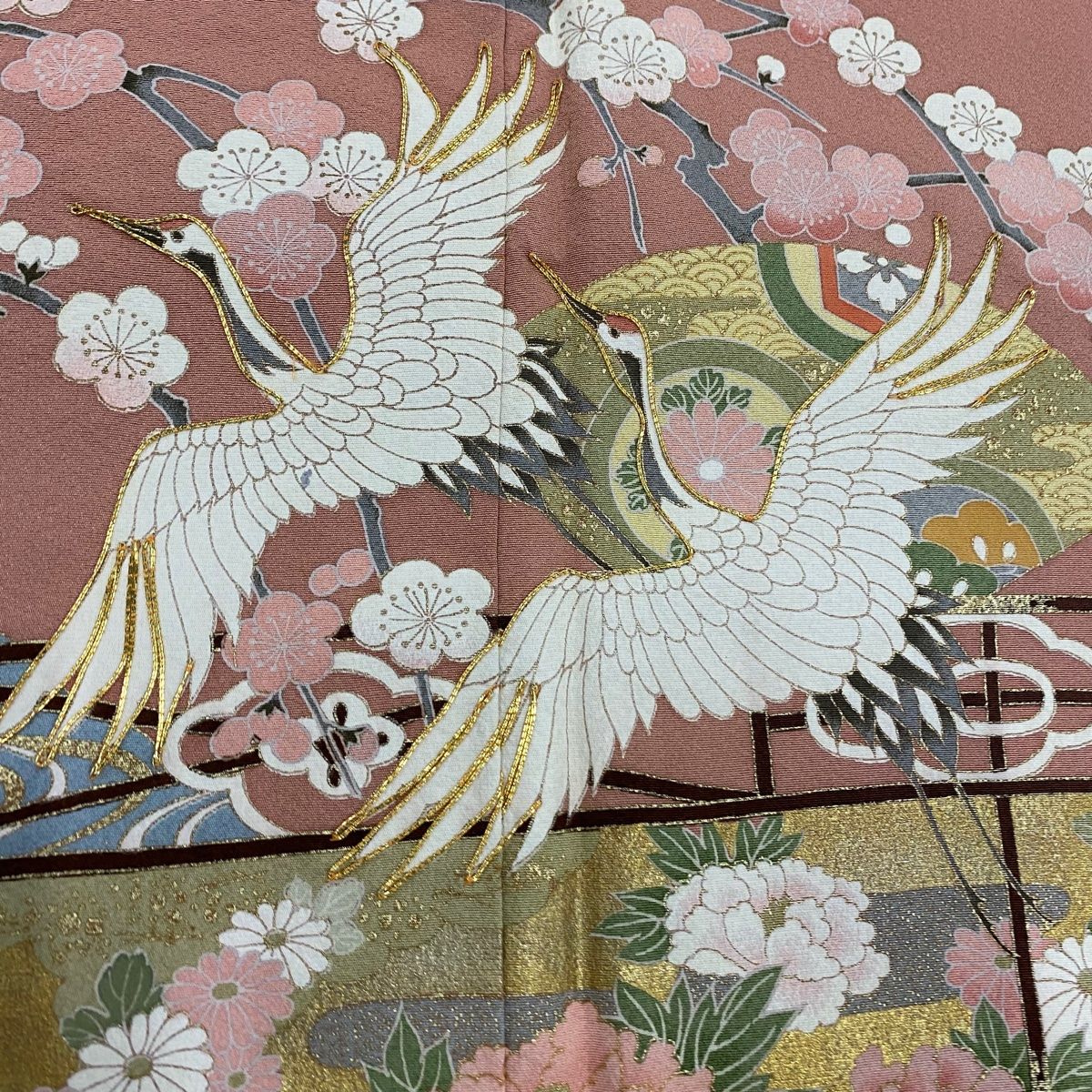 色留袖　金彩　比翼付き　三つ紋　鶴　観世水　蛇籠　パープル　着物　025k 色留袖 金彩 比翼付き 三つ紋 鶴 観世水 蛇籠 パープル 着物 025k