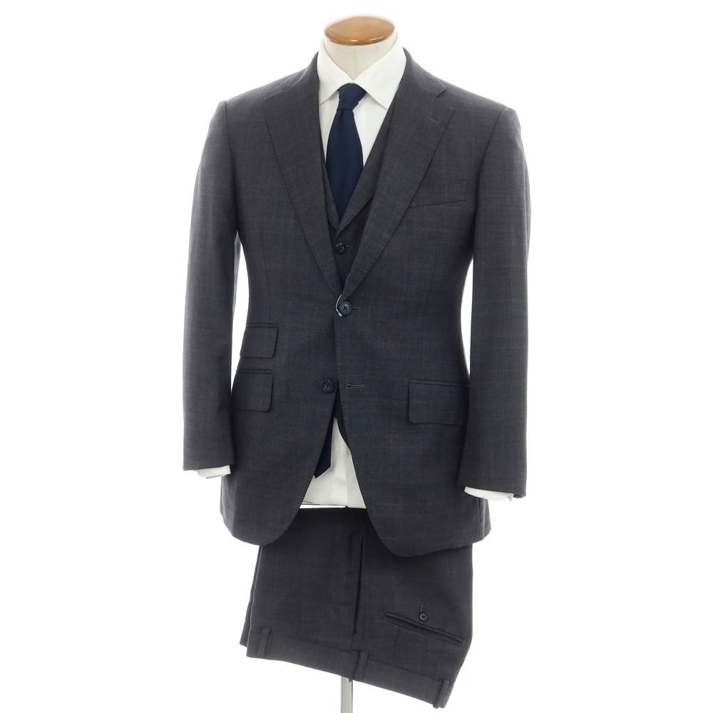 【中古】アザブテーラー azabu tailor SUPER100’S ウール スリーピース チェック 2つボタンスーツ グレーxブルー【サイズ46/79】【メンズ】