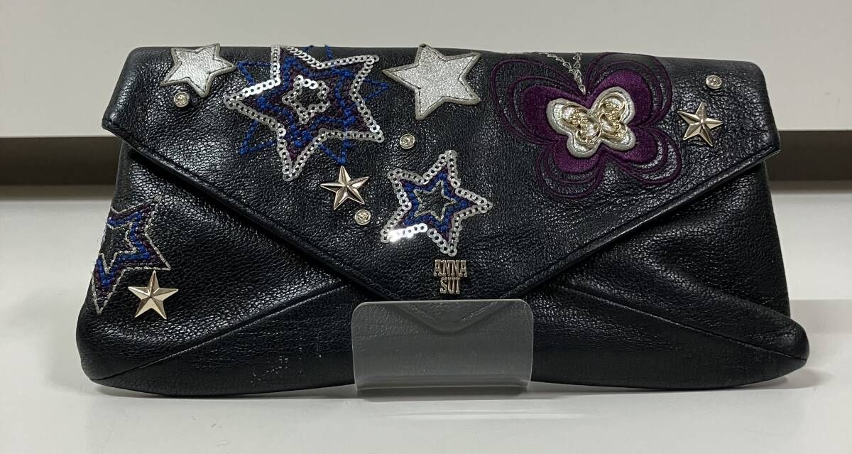 ANNA SUI アナスイ レザー バタフライ 星 ブラック 長財布 刺繍