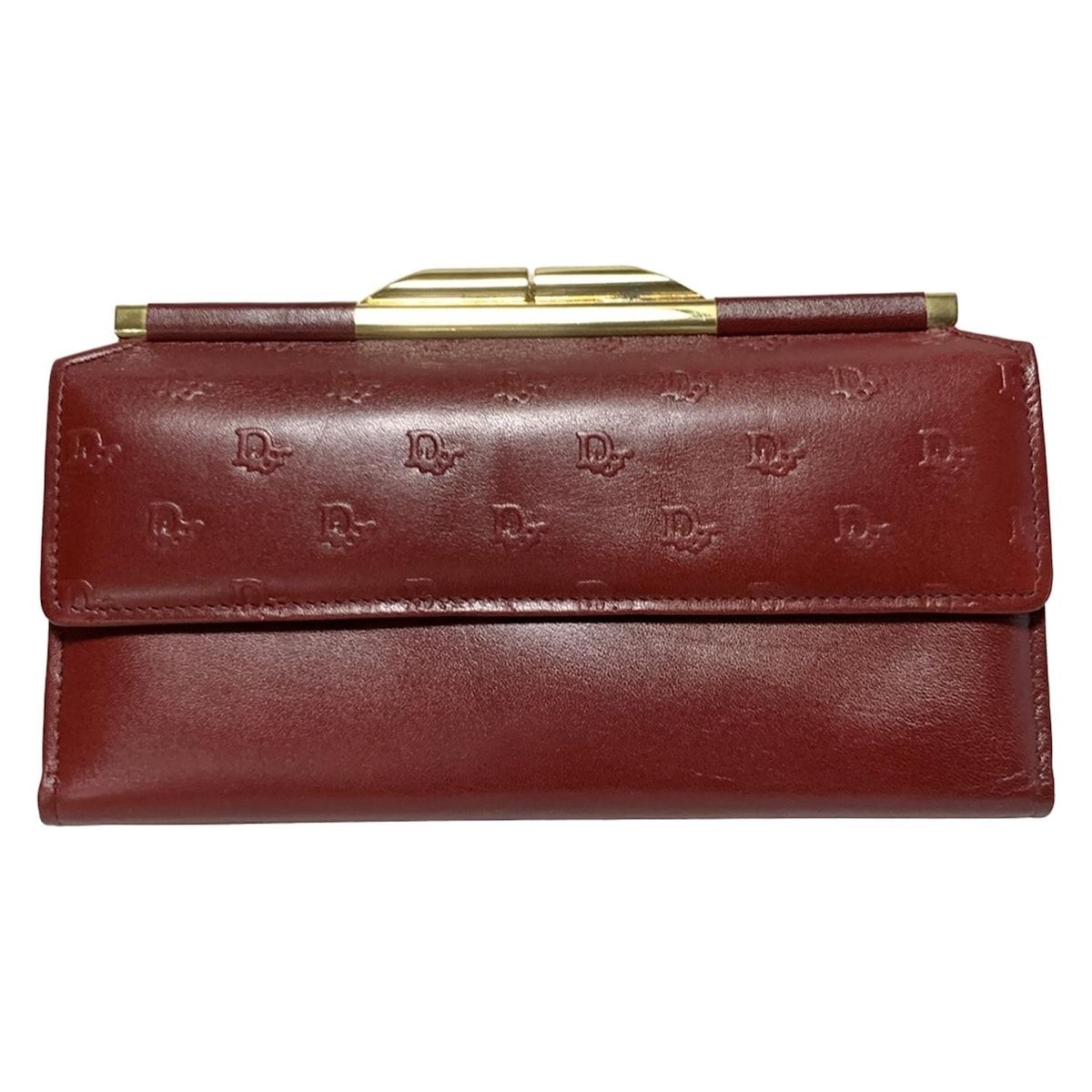 DIOR|ChristianDior ディオール|クリスチャンディオール 長財布 - ボルドー×ゴールド がま口|型押し加工 レザー