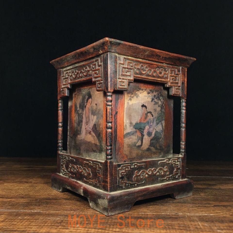 花梨木彫刻人物筆筒 文房四宝 書道具 文房具 装飾品 現代工芸品 美術品