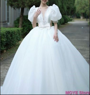 2025 ウェディングドレス ウエディングドレス ロングドレス 二次会 結婚式 前撮り ブライダル 花嫁 Aラインドレス ビッグテールスタイル パフスリーブ リボン バックレス min