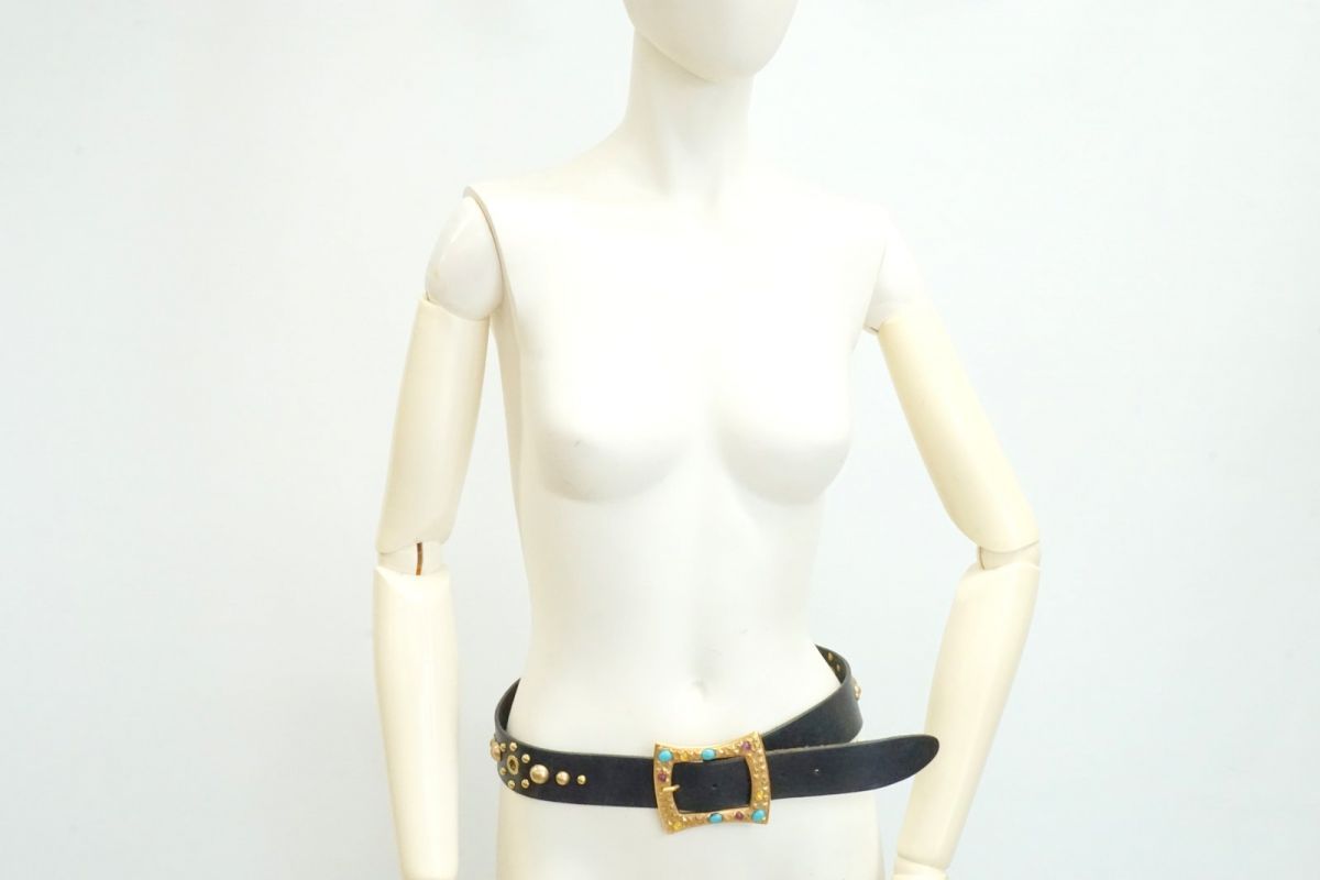 ドルチェ-ガッバーナ 80cm 32インチ ワイドベルト スタッズ バックル ビジュー ラインストーン Unisex 黒 ブラック Dolce-Gabbana 3943k