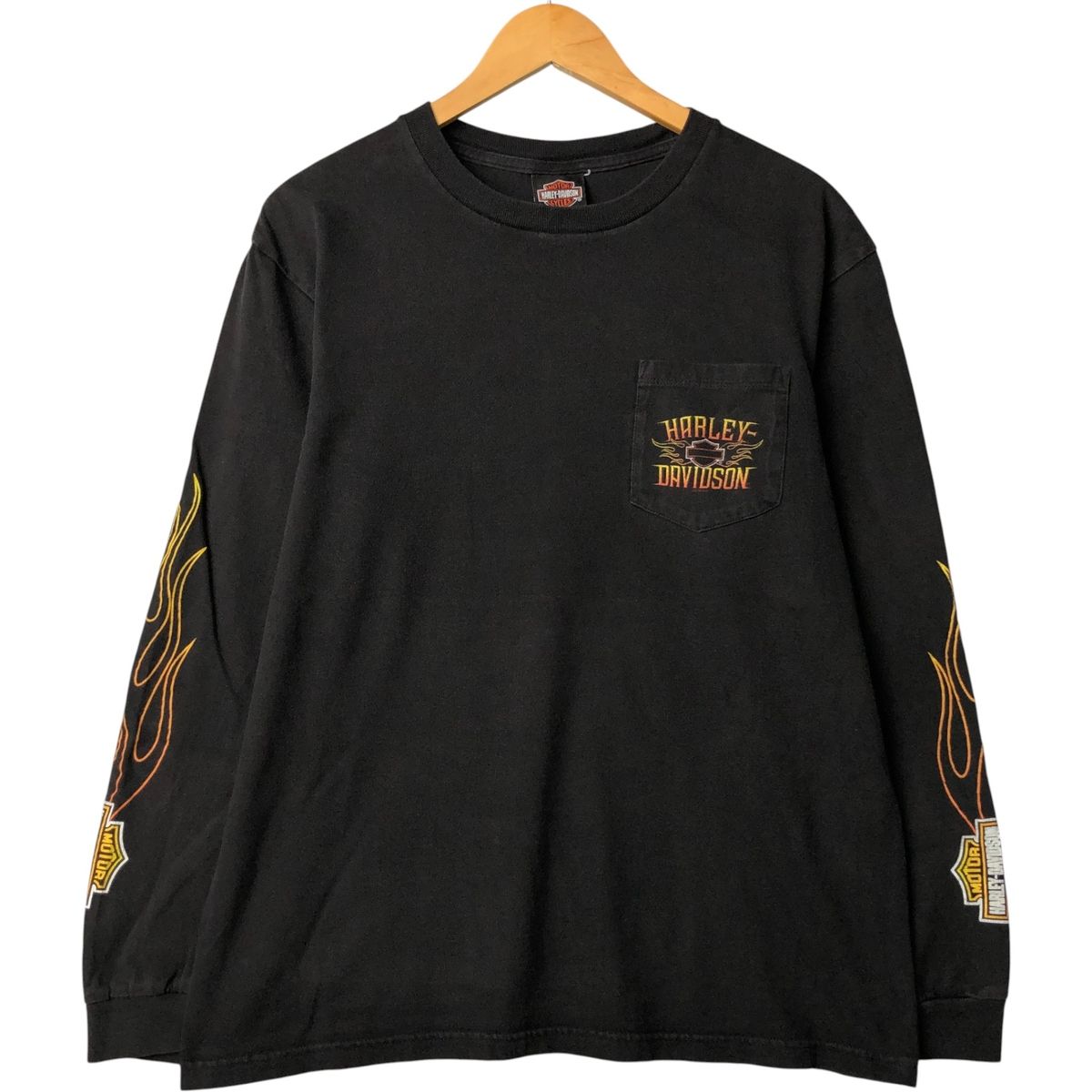 古着 ハーレーダビッドソン Harley-Davidson モーターサイクル ファイヤーパターン 星条旗柄 ロングTシャツ ロンT メンズL相当|eaa586530