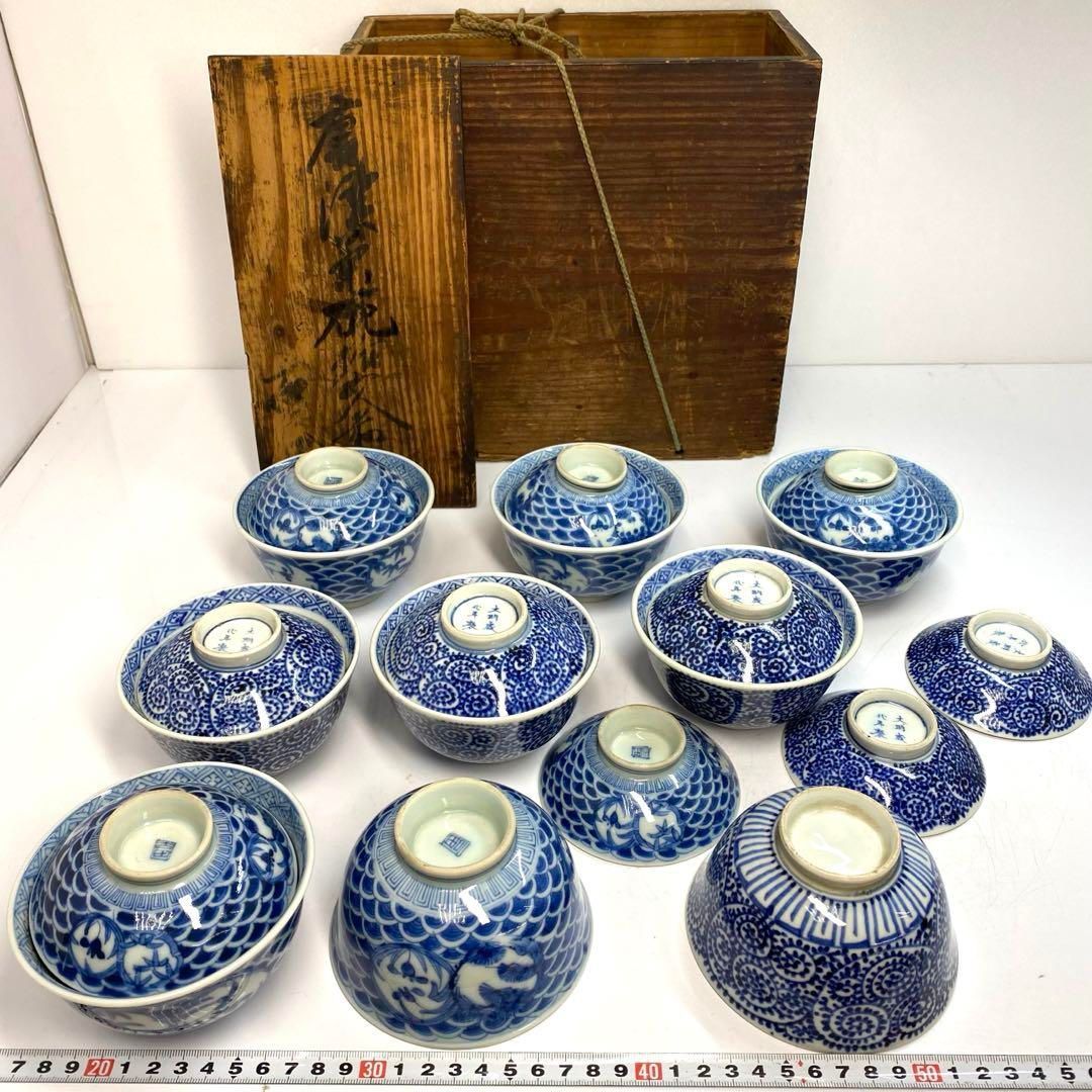 古伊万里　染付　蛸唐草　蓋茶碗等　身9 蓋10 東な6-0514① 古伊万里 染付 蛸唐草 蓋茶碗等 身9 蓋10 東な6-