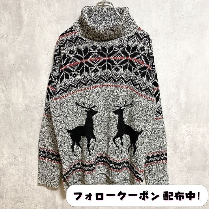 古着 used　長袖タートルネックニット　セーター　ノルディック柄　トナカイ　レトロデザイン　クリスマス　秋冬服　ビックシルエット