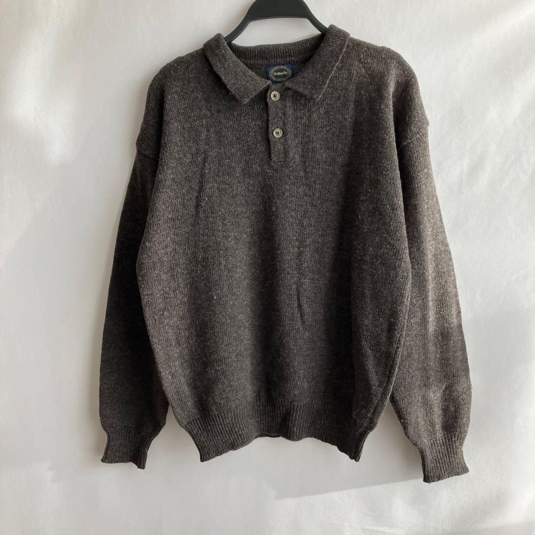 St. Moritz長袖ニットセーターグレー毛ウール80%アクリル襟高級感 St. Moritz長袖ニットセーターグレー毛ウール80%アクリル襟高級感