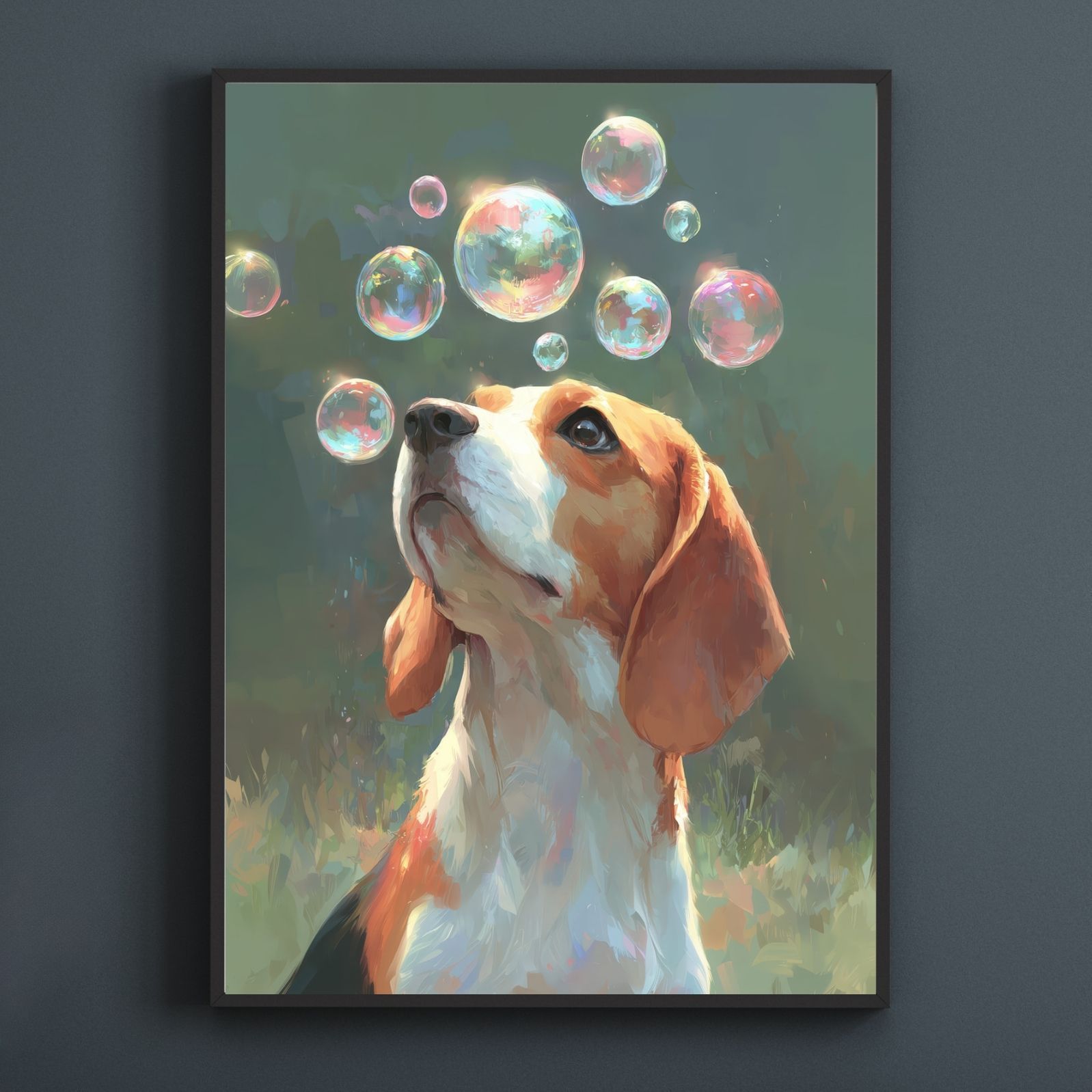 名入れOK 犬とシャボン玉 - ビーグル犬 No.1 アートポスター ペットロス うちの子記念日 北欧 ナチュラル