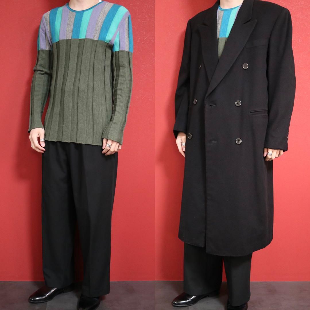 極美品】ISSEY MIYAKE グリーン系 差し色 ストライプ 立体 ニット 