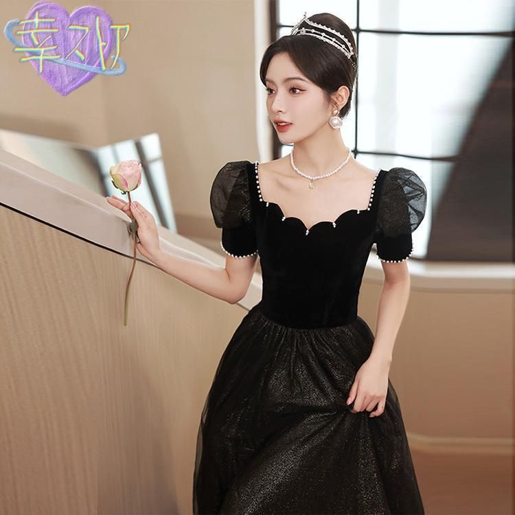 イブニングドレス パフスリーブ 黒 ロングドレス ブラック 発表会ドレス キレイめ シンプル エレガント パーティードレス D4jT863