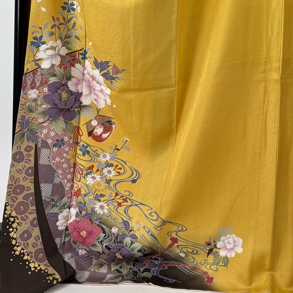 振袖 身丈174cm 裄丈69.5cm L 袷 袋帯フルセット 牡丹 絵馬 金彩